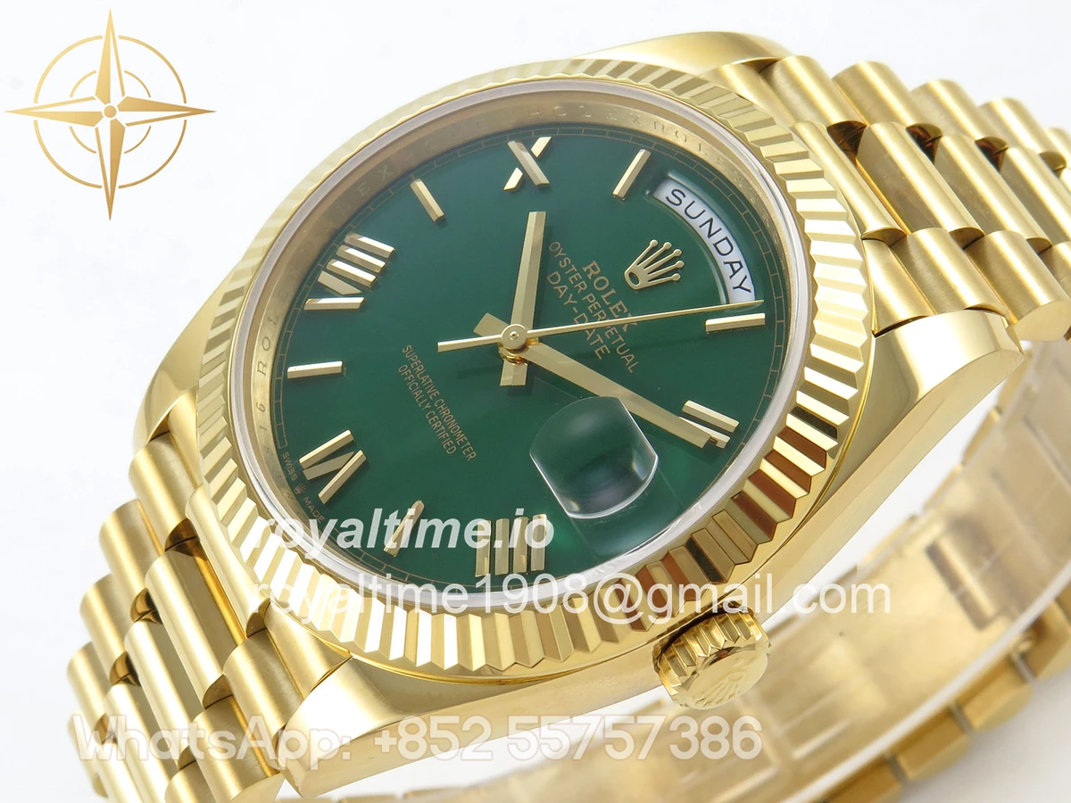 Rolex DayDate 40 YG QF 904L Steel Green Roman Dial on President Bracelet VR3255 V8 (Gain Weight) - Image 6