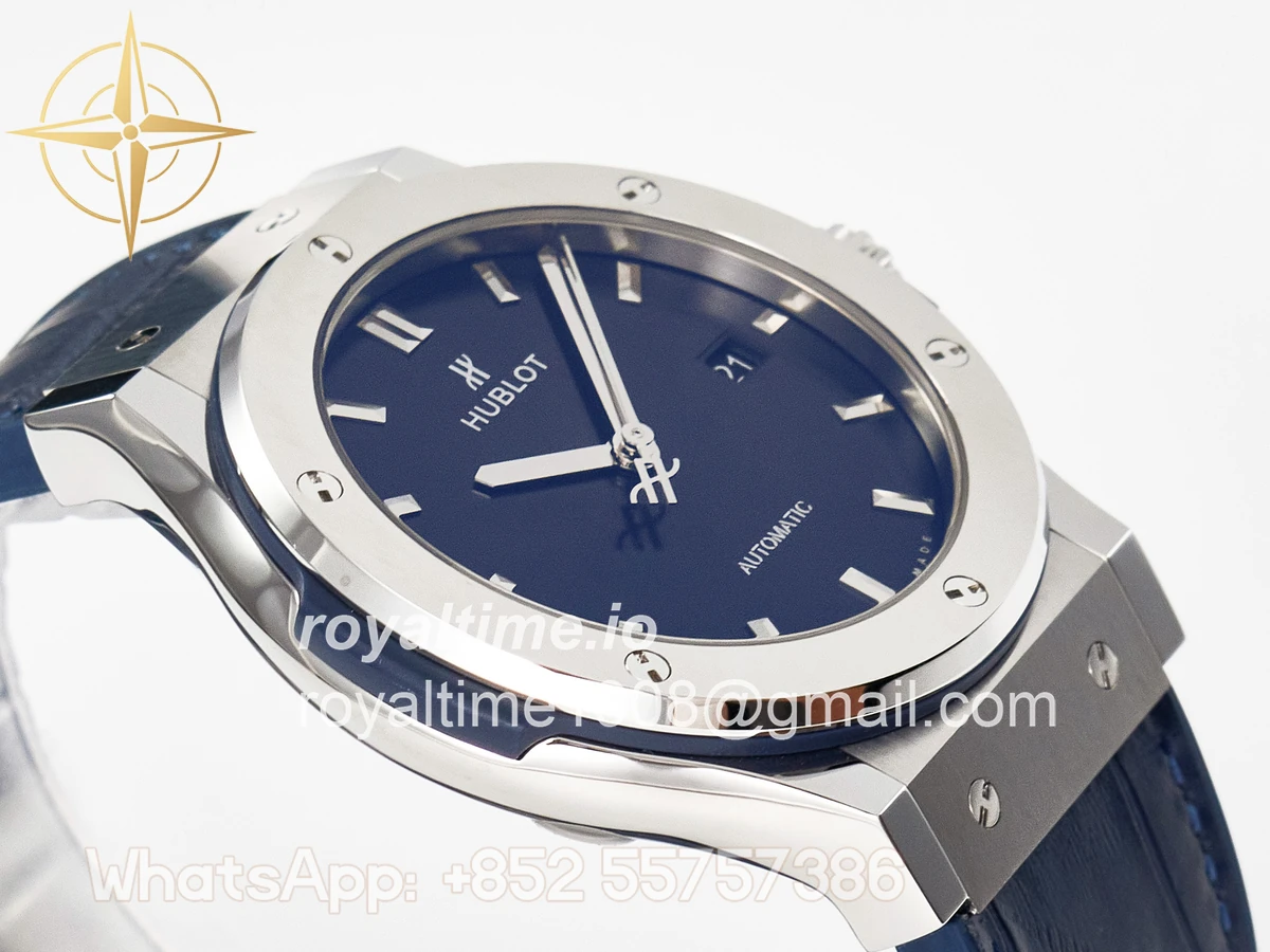 Hublot Classic Fusion 42mm SS JJF Blue Dial on Blue Gummy Leather Strap - Image 6