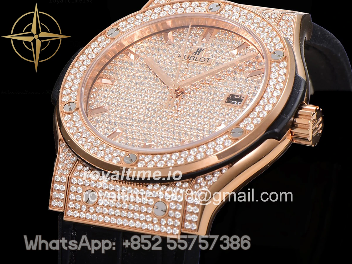 Hublot Classic Fusion Automatic 42mm Diamond Paved Dial in Rose Gold on Black Leather Strap - Image 6