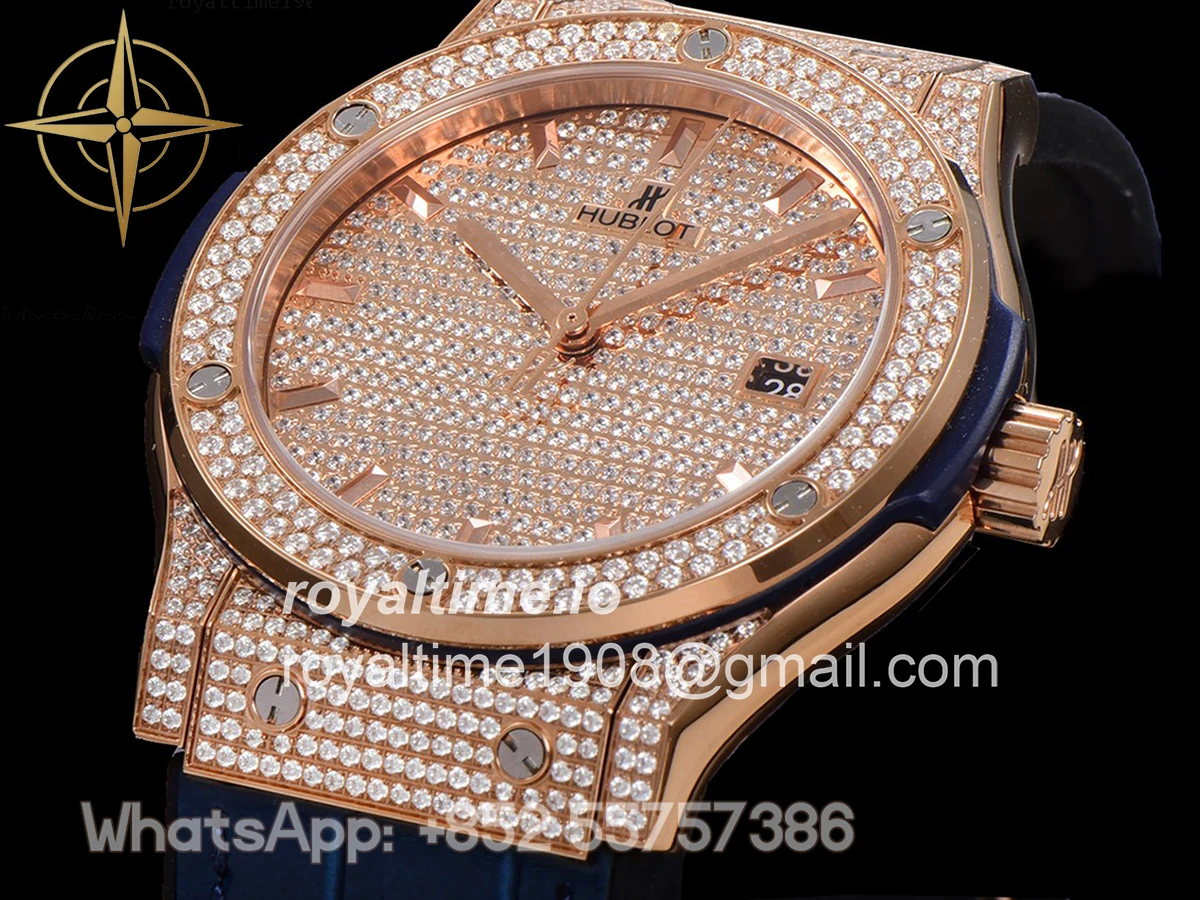 Hublot Classic Fusion Automatic 42mm Diamond Paved Dial in Rose Gold on Blue Leather Strap - Image 6