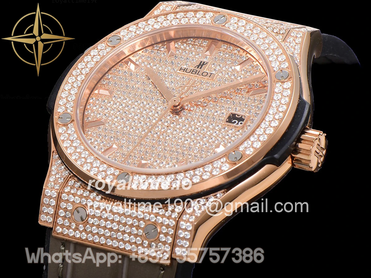 Hublot Classic Fusion Automatic 42mm Diamond Paved Dial in Rose Gold on Brown Leather Strap - Image 6