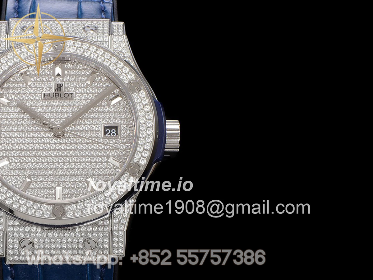 Hublot Classic Fusion Automatic 42mm Diamond Paved Dial in Steel on Blue Leather Strap - Image 6