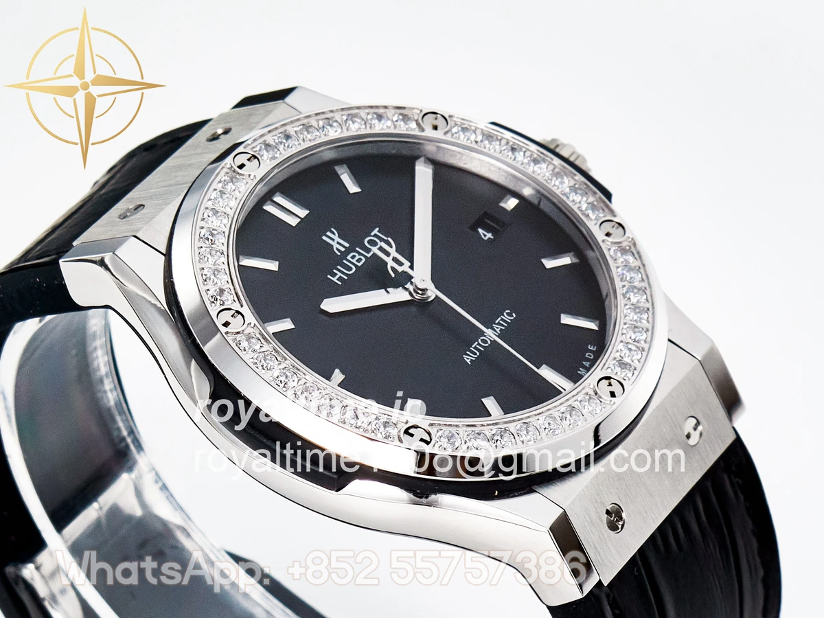 Hublot Classic Fusion Bang 42mm HBF Black Dial Diamonds Bezel on Black Leather Strap A2892 - Image 6