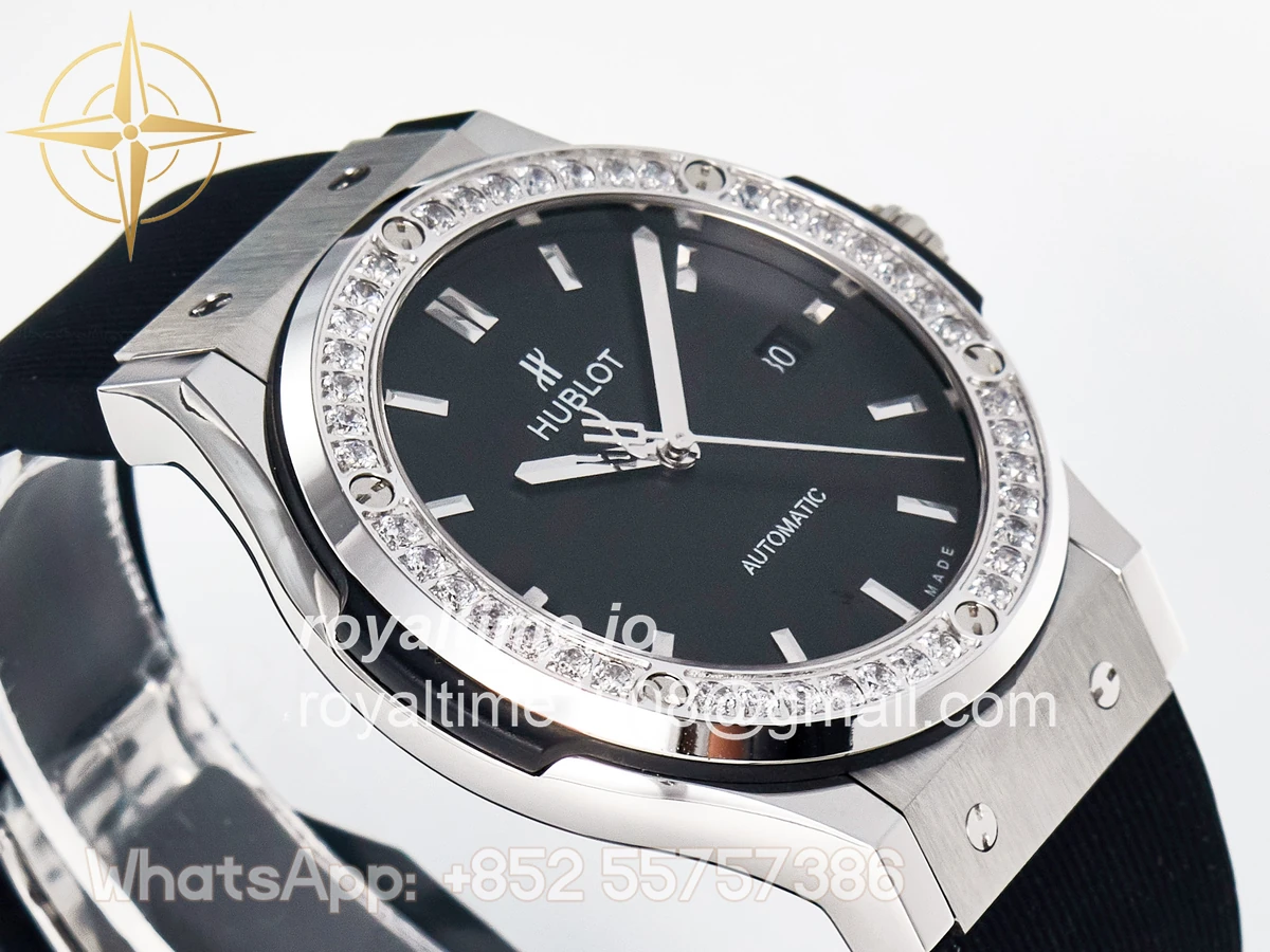 Hublot Classic Fusion Bang 42mm HBF Black Dial Diamonds Bezel on Black Rubber Strap A2892 - Image 6