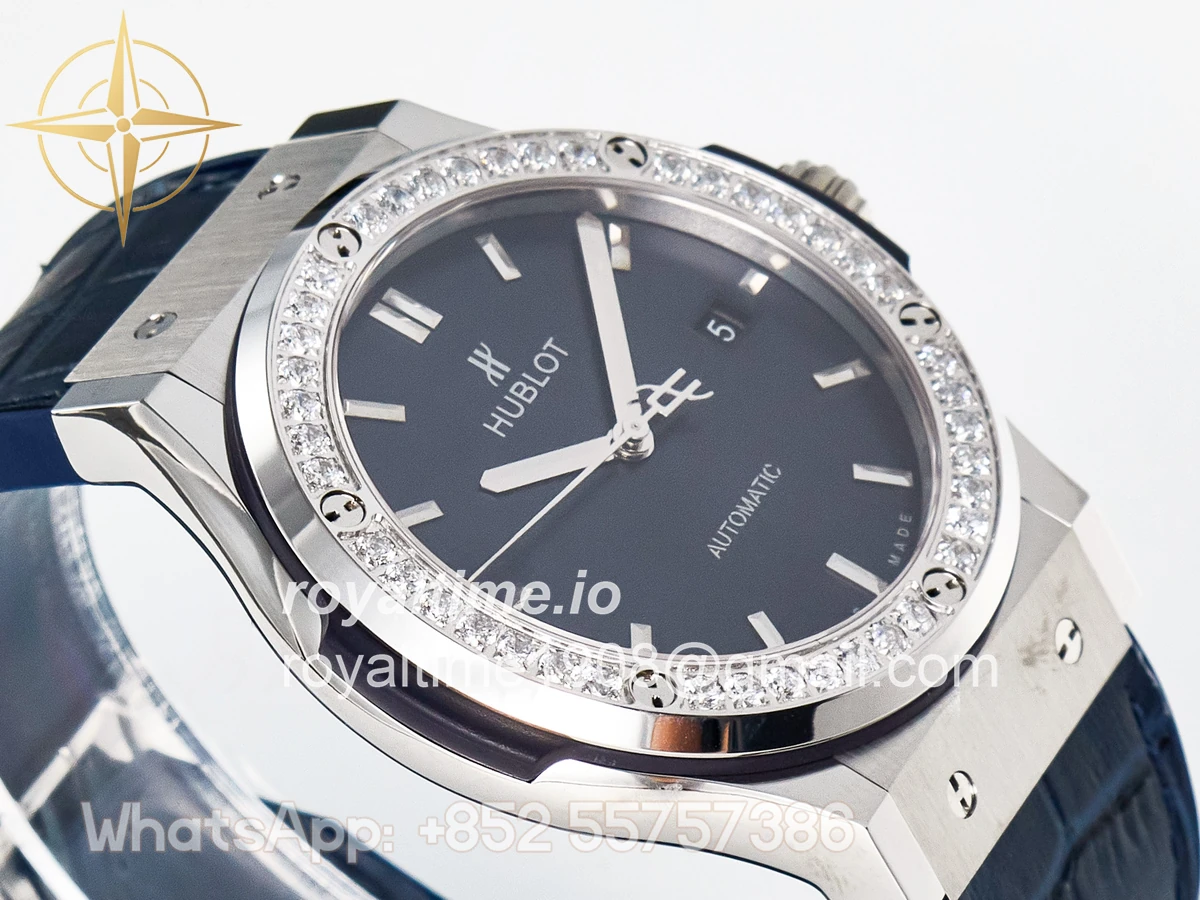 Hublot Classic Fusion Bang 42mm HBF Blue Dial Diamonds Bezel on Blue Leather Strap A2892 - Image 6