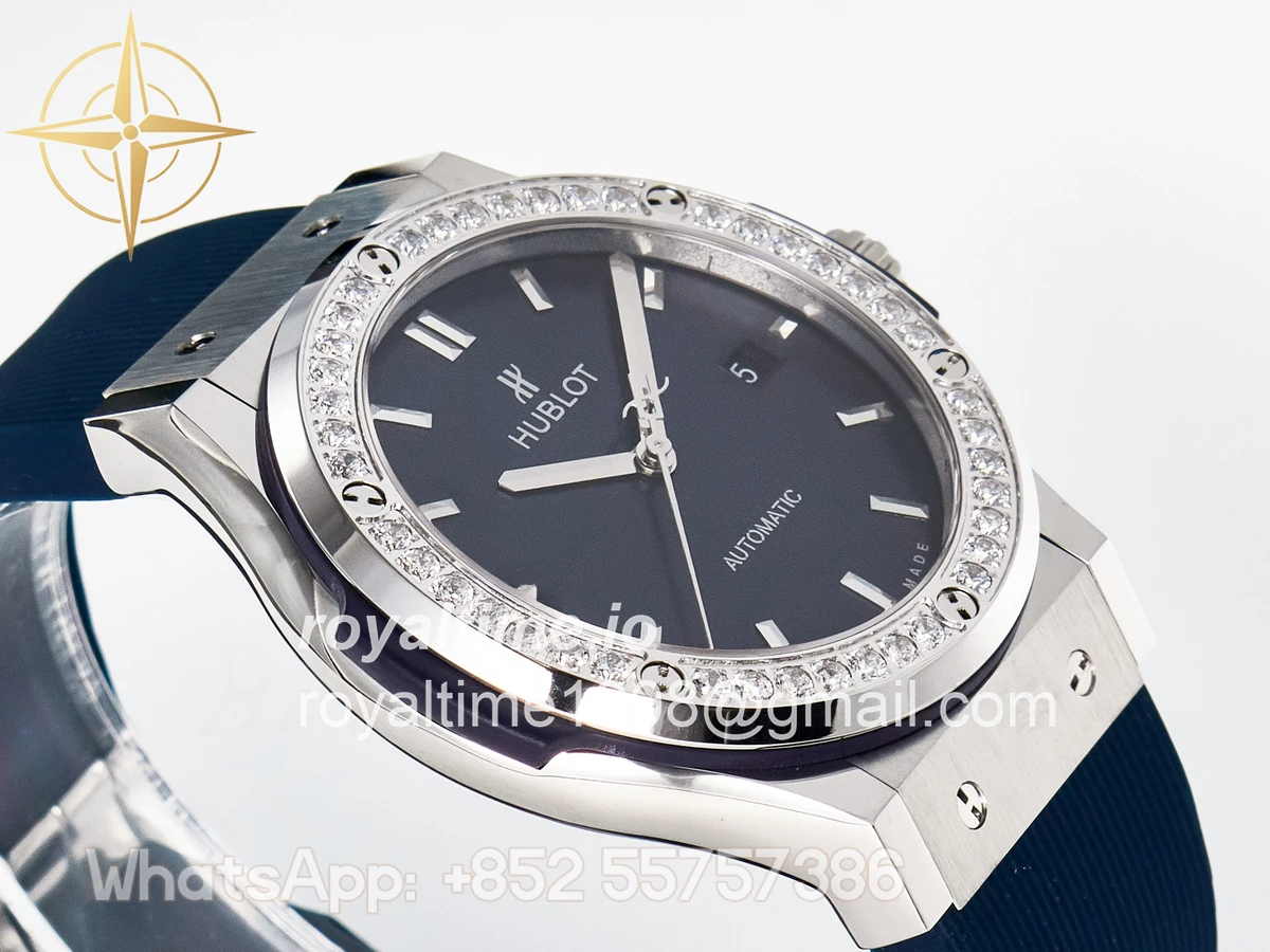 Hublot Classic Fusion Bang 42mm HBF Blue Dial Diamonds Bezel on Blue Rubber Strap A2892 - Image 6