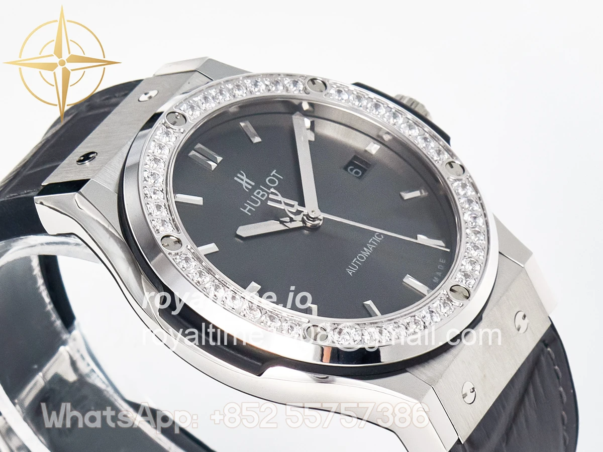 Hublot Classic Fusion Bang 42mm HBF Gray Dial Diamonds Bezel on Gray Leather Strap A2892 - Image 6