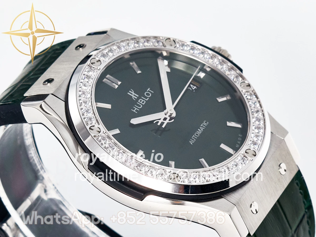 Hublot Classic Fusion Bang 42mm HBF Green Dial Diamonds Bezel on Green Leather Strap A2892 - Image 6