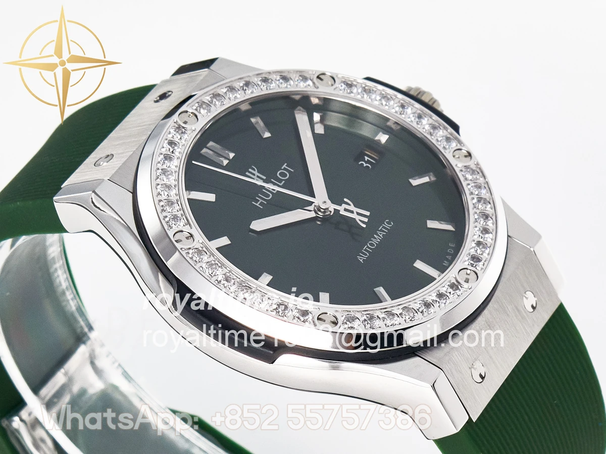 Hublot Classic Fusion Bang 42mm HBF Green Dial Diamonds Bezel on Green Rubber Strap A2892 - Image 6