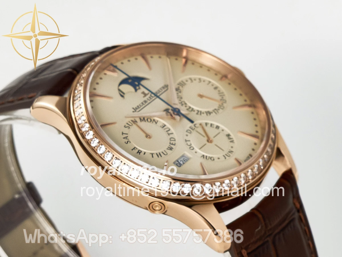 Jaeger-LeCoultre Master Ultra Thin Perpetual Calendar RG V9F Cream Dial Diamonds Bezel on Brown Leather Strap A868 V2 - Image 6
