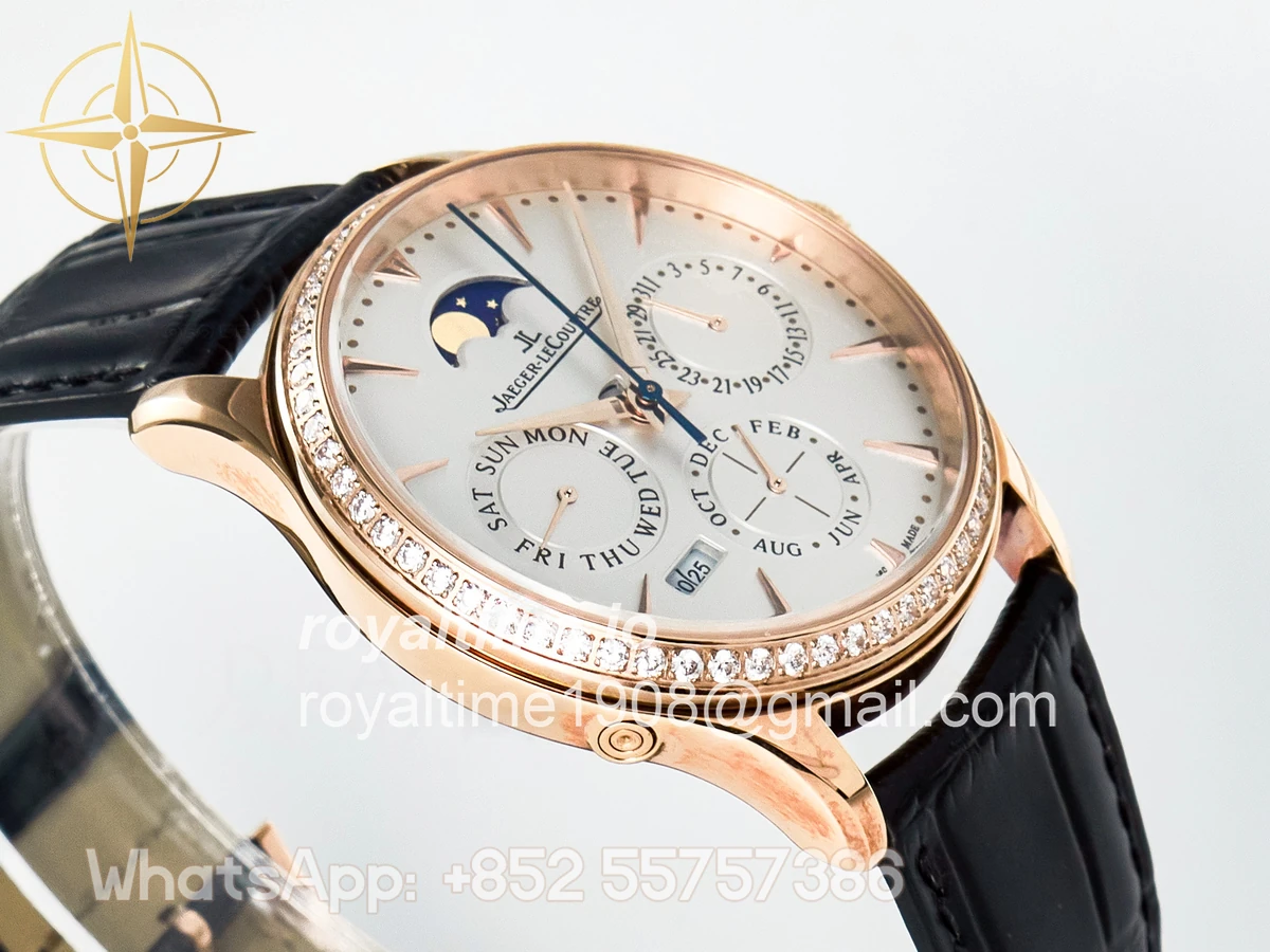 Jaeger-LeCoultre Master Ultra Thin Perpetual Calendar RG V9F White Dial Diamonds Bezel on Black Leather Strap A868 V2 - Image 6