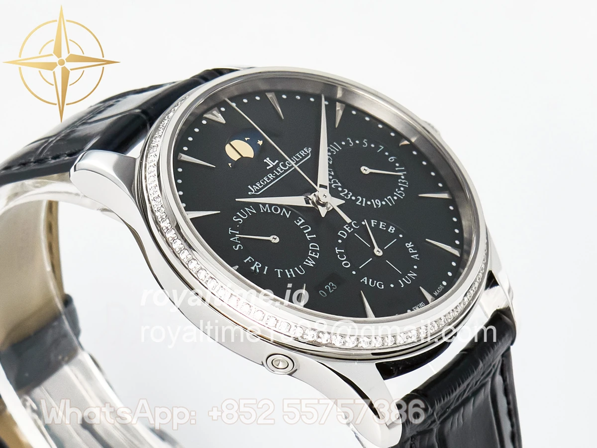 Jaeger-LeCoultre Master Ultra Thin Perpetual Calendar SS V9F Black Dial Diamonds Bezel on Black Leather Strap A868 V2 - Image 6