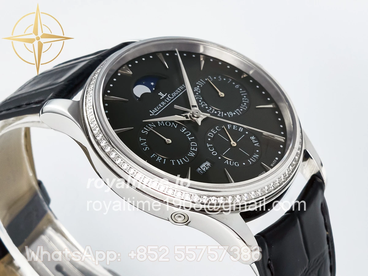 Jaeger-LeCoultre Master Ultra Thin Perpetual Calendar SS V9F Gray Dial Diamonds Bezel on Black Leather Strap A868 V2 - Image 6