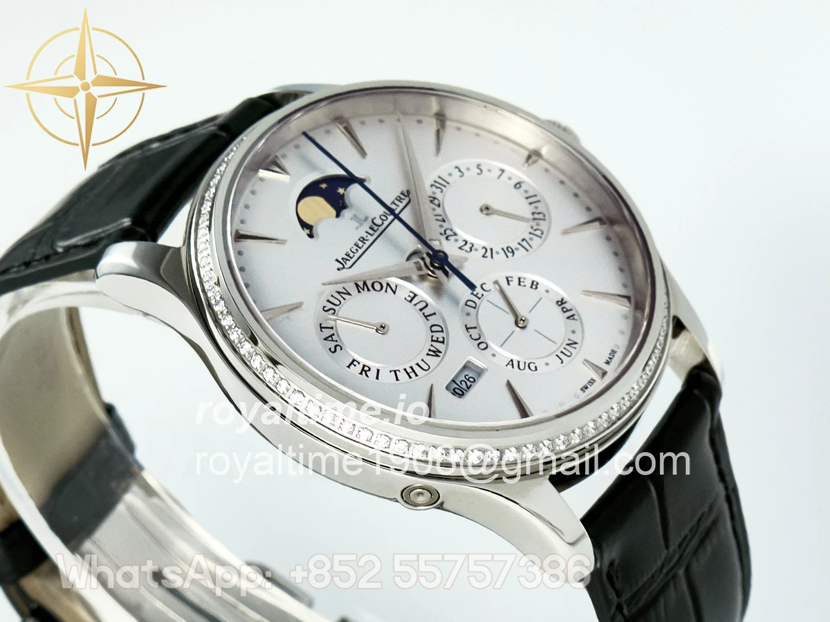 Jaeger-LeCoultre Master Ultra Thin Perpetual Calendar SS V9F White Dial Diamonds Bezel on Black Leather Strap A868 V2 - Image 6