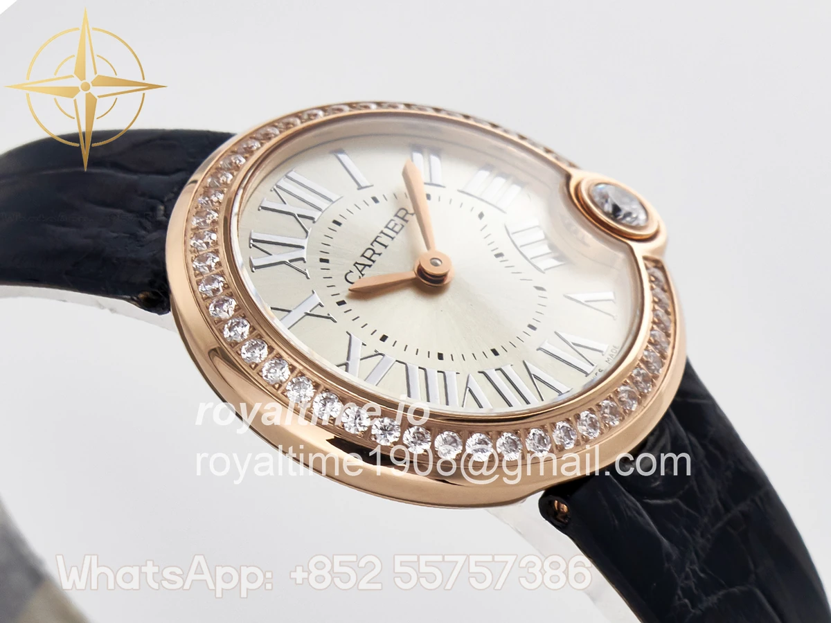 Cartier Ballon Blanc De Cartier 30mm RG DRF Silvered Texture Dial Diamonds Bezel on Black Leather Strap Ronda Quartz - Image 6
