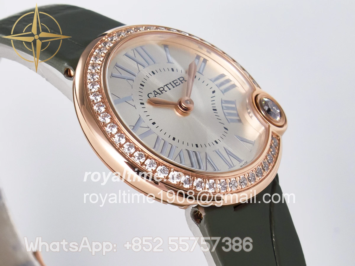 Cartier Ballon Blanc De Cartier 30mm RG DRF Silvered Texture Dial Diamonds Bezel on Green Leather Strap Ronda Quartz - Image 6