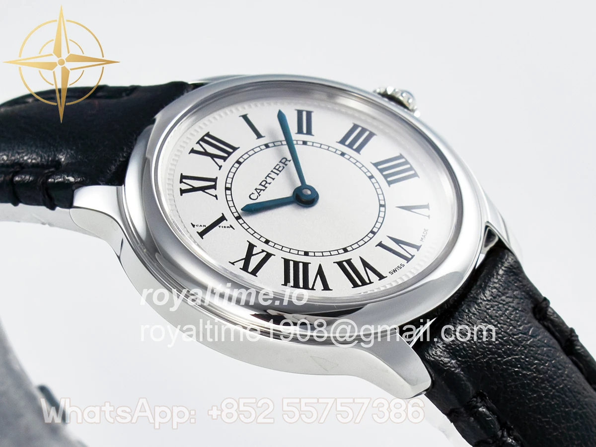 Cartier Ronde De Cartier 29mm DRF Sandblasted Silver-Plated White Dial on Black Leather Strap Ronda Quartz - Image 6
