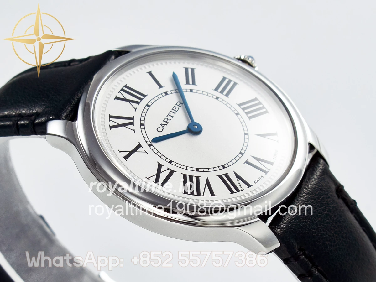 Cartier Ronde De Cartier 36mm DRF Sandblasted Silver-Plated White Dial on Black Leather Strap Ronda Quartz - Image 6