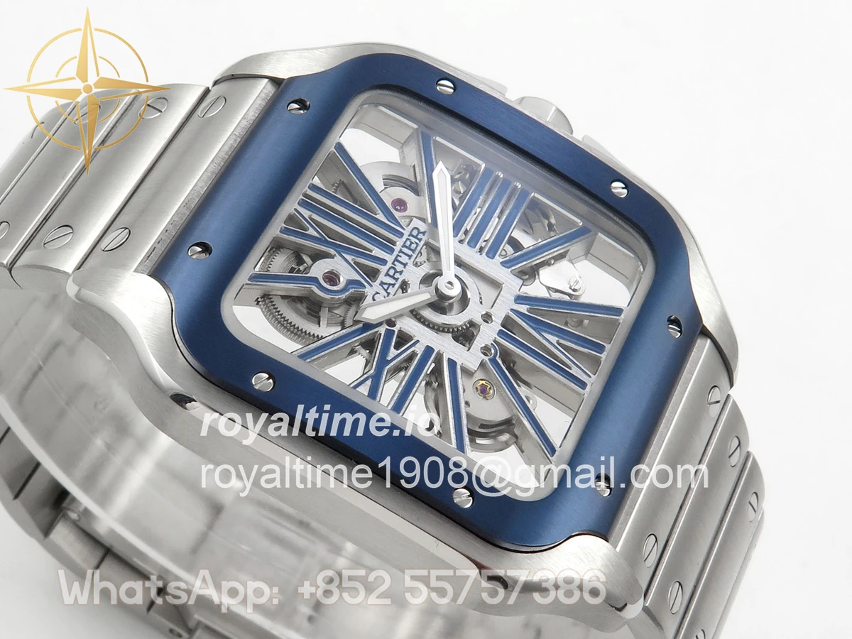 Cartier Santos de Cartier Skeleton SS MLF Skeleton Blue Skeleton Dial Blue Bezel on SS SmartLink Bracelet 9611MC - Image 6