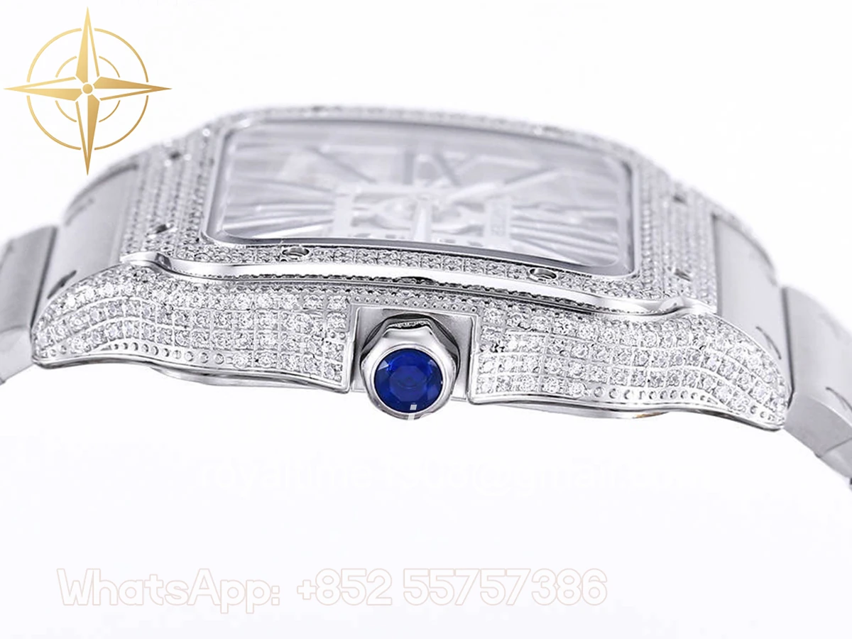 Cartier Santos De Cartier Watch Skeleton Dial Black Marker with Diamond Bezel in Steel - Image 6