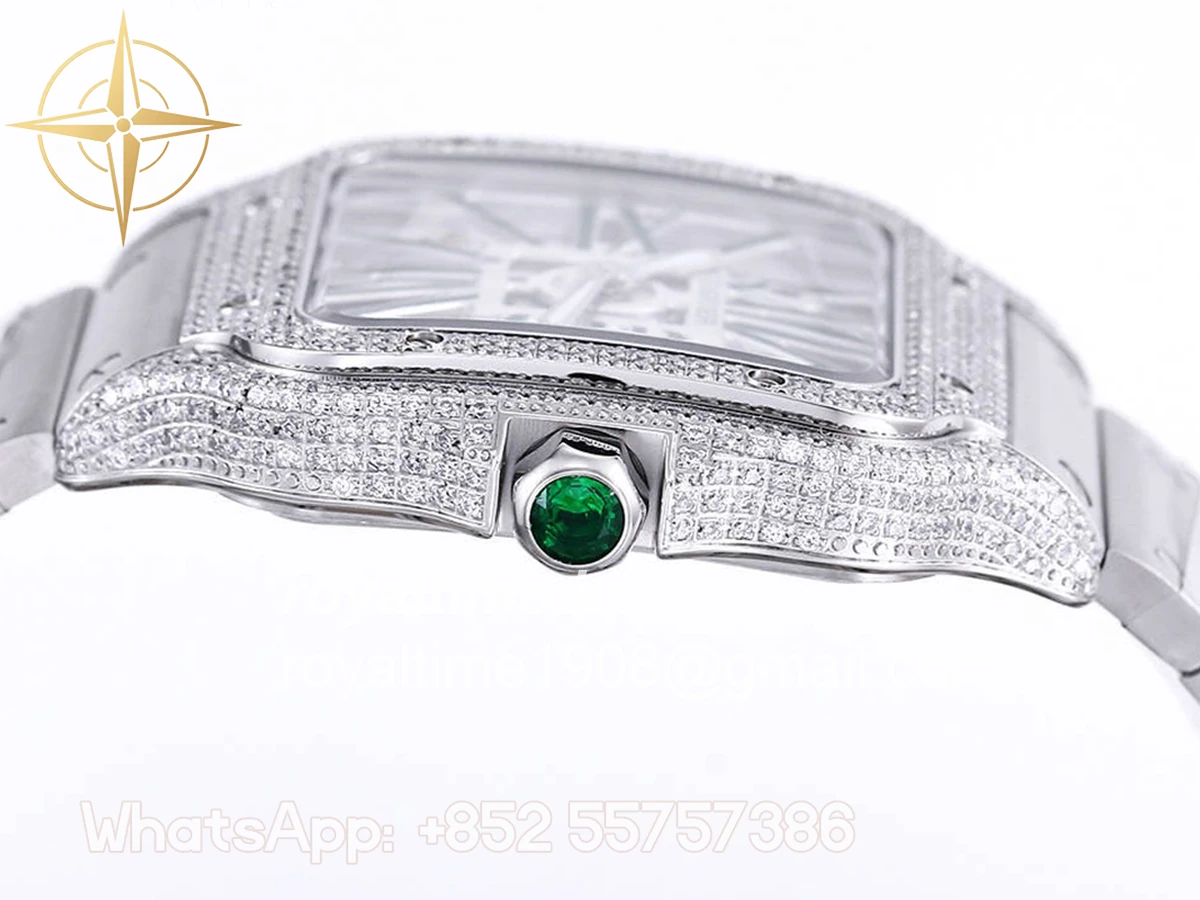 Cartier Santos De Cartier Watch Skeleton Dial Green Marker with Diamond Bezel in Steel - Image 6