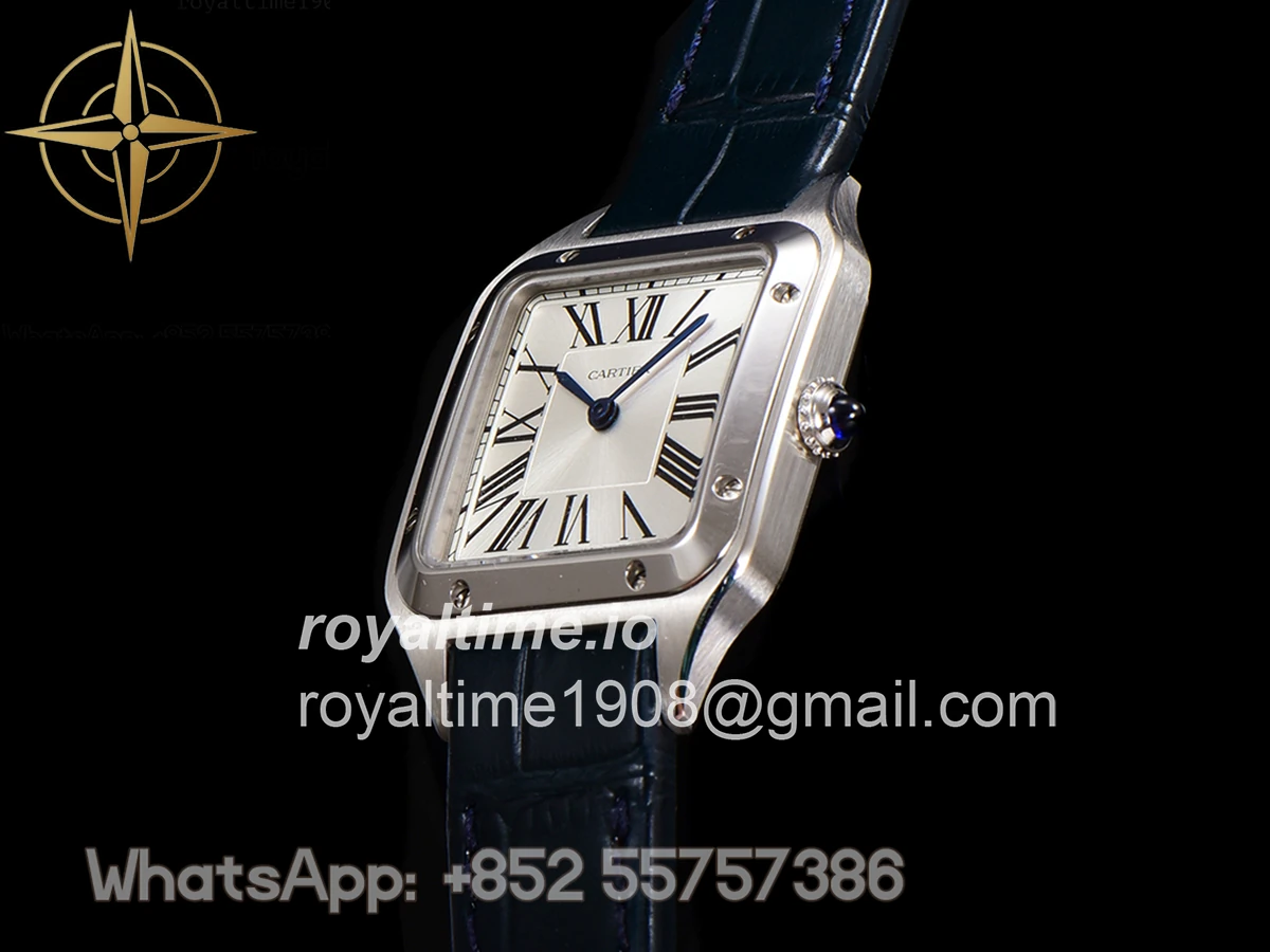 Cartier Santos-Dumont (Extra-Large) Silver Dial in Steel on Blue Leather Strap Ref. WSSA0032 - Image 6