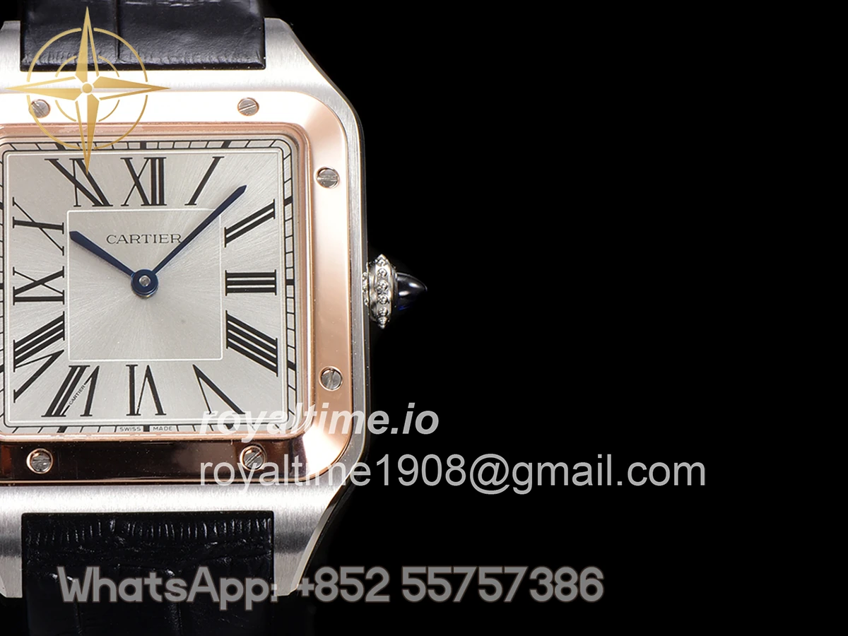 Cartier Santos-Dumont (Extra-Large) Silver Dial in Steel/Rose Gold on Black Leather Strap Ref. W2SA0017 - Image 6