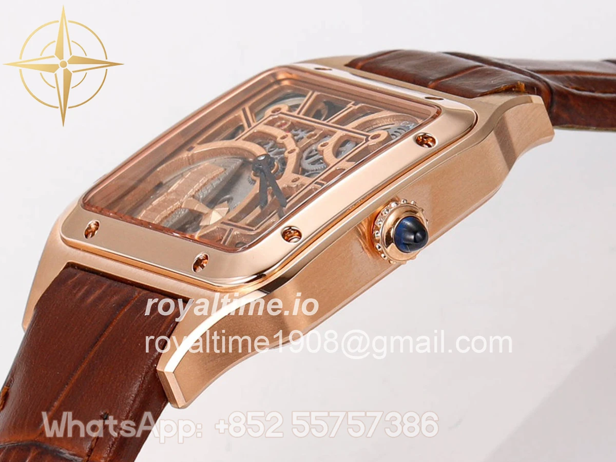 Cartier Santos-Dumont (Large) Skeleton Watch in Rose Gold on Brown Leather Strap - Image 6