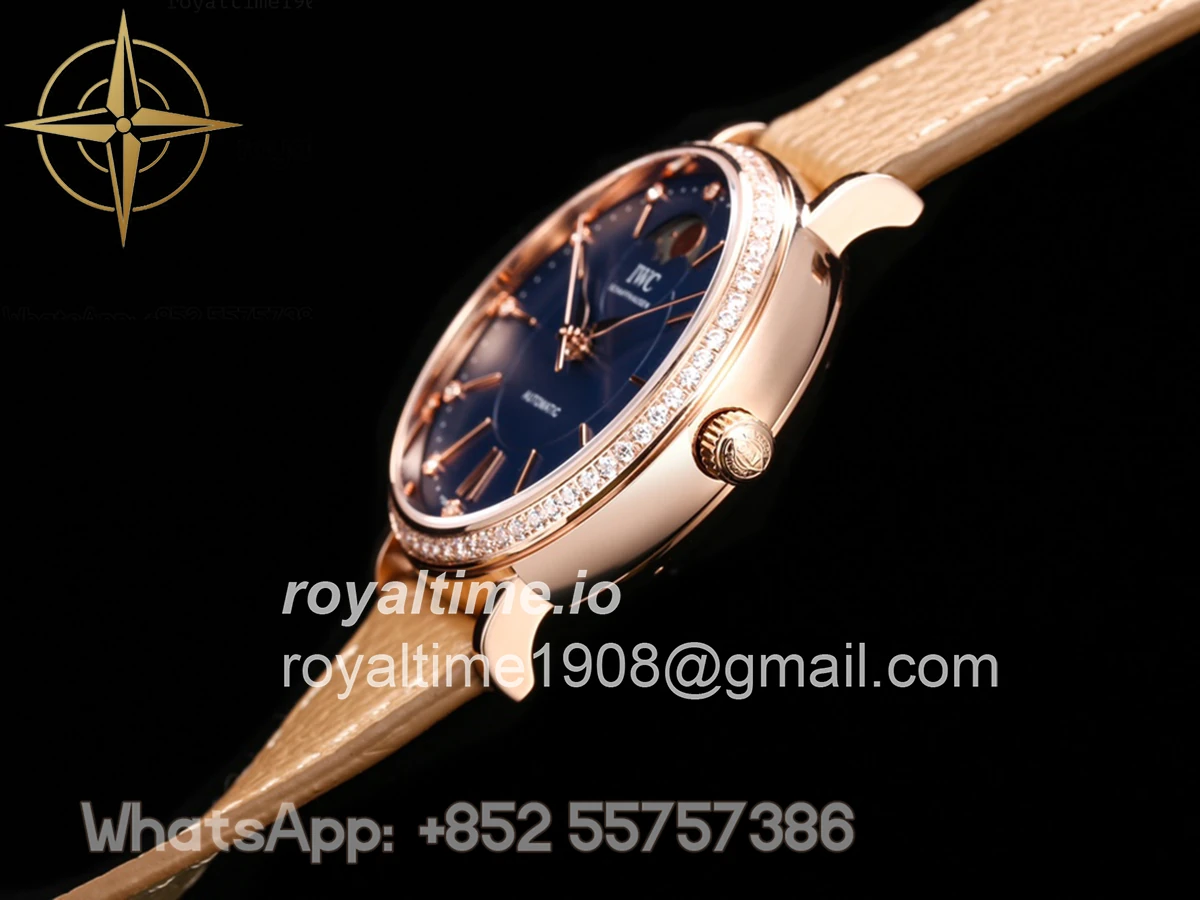 IWC Portofino IW6596 Automatic Moon Phase 37 Blue Dial in Rose Gold on Brown Leather Strap - Image 6