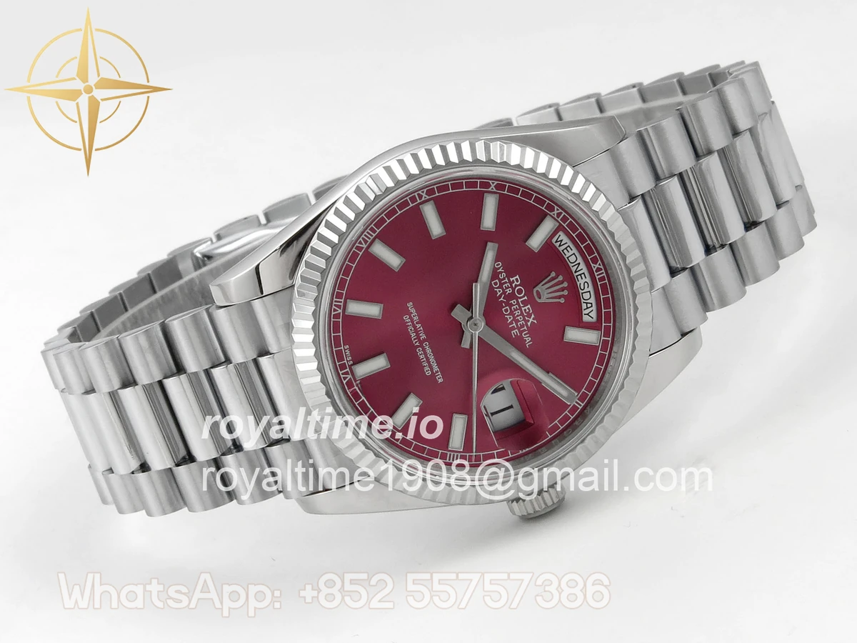 Rolex Day Date 36 SS QF 904L Steel Red Stick Dial on President Bracelet VR3255 V3 - Image 7