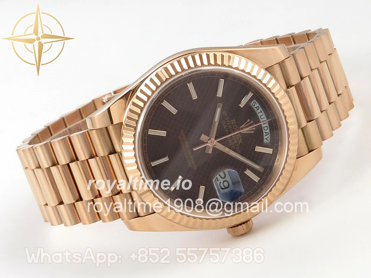 Rolex Day Date 40 RG TMF Brown Textured Stick Dial on President Bracelet VR3255 (Weighted) 208g - Image 7