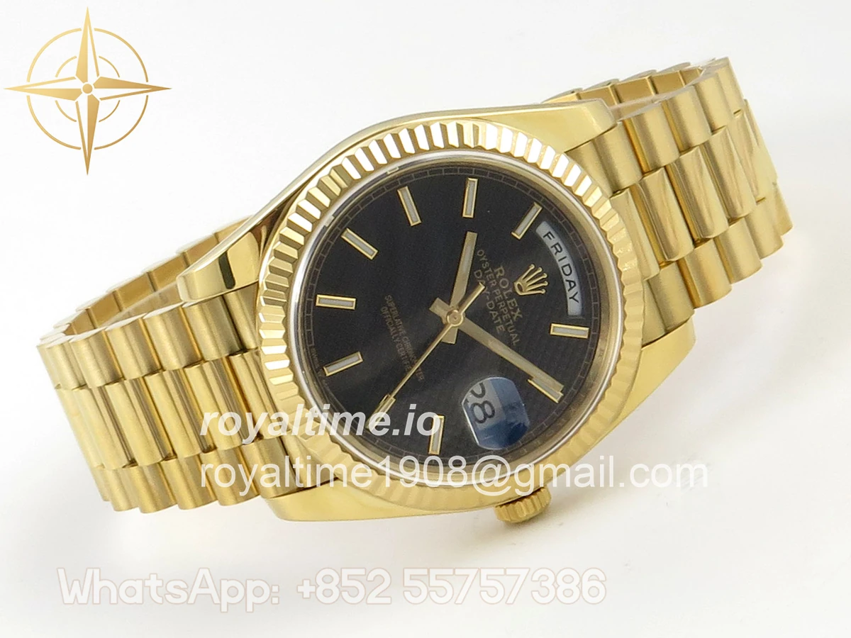 Rolex Day Date 40 YG TMF Black Textured Stick Dial on President Bracelet VR3255 - Image 7