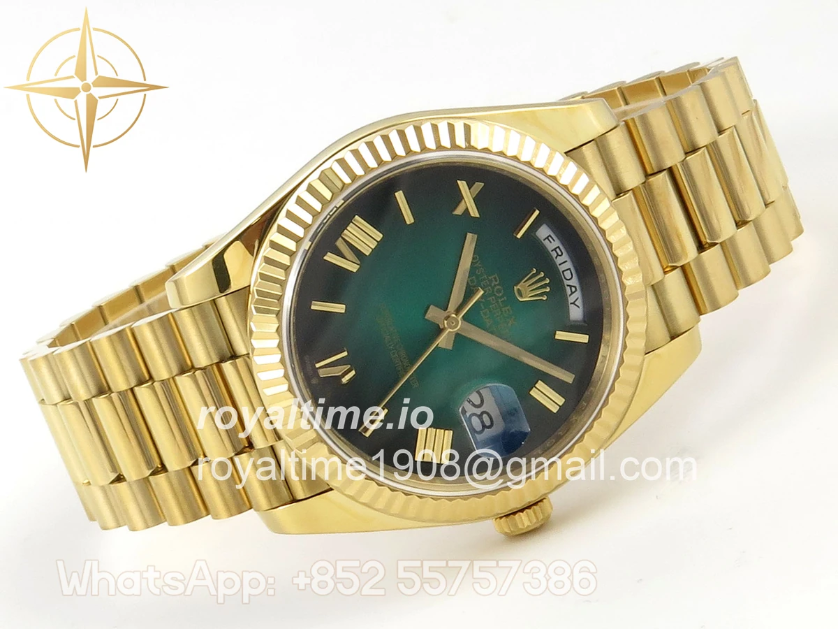 Rolex Day Date 40 YG TMF Green Ombre Roman Dial on President Bracelet VR3255 (Weighted) 208g - Image 7