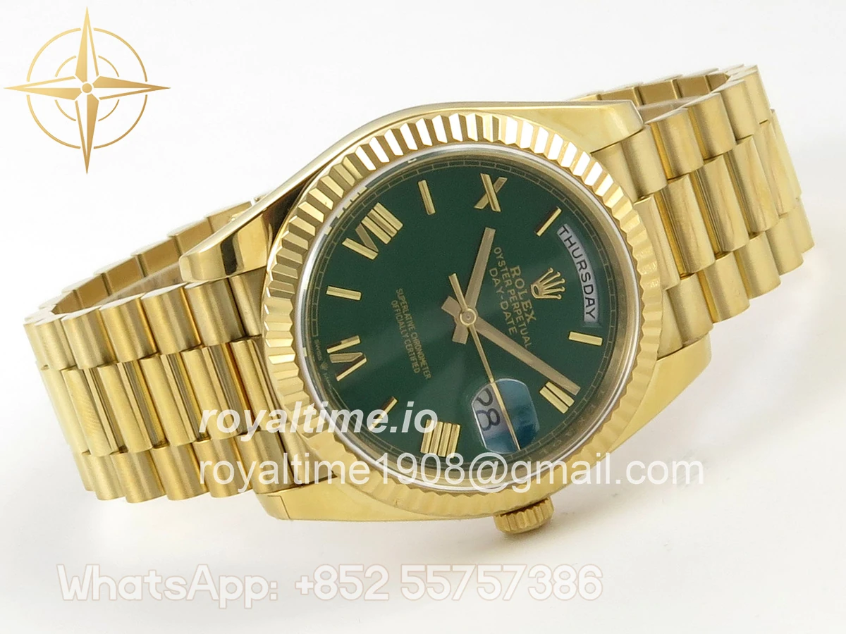Rolex Day Date 40 YG TMF Green Roman Dial on President Bracelet VR3255 (Weighted) 208g - Image 7