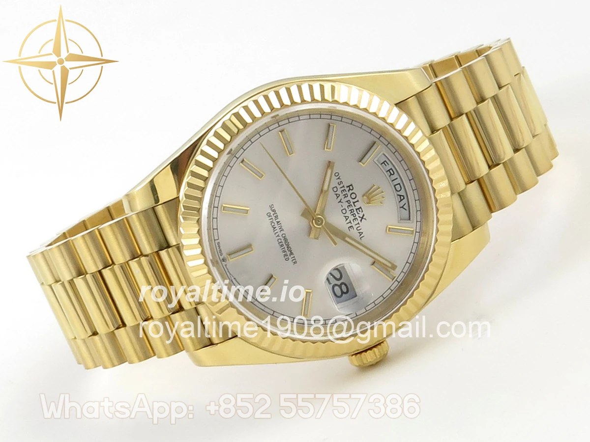 Rolex Day Date 40 YG TMF Silver Stick Dial on President Bracelet VR3255 (Weighted) 208g - Image 7