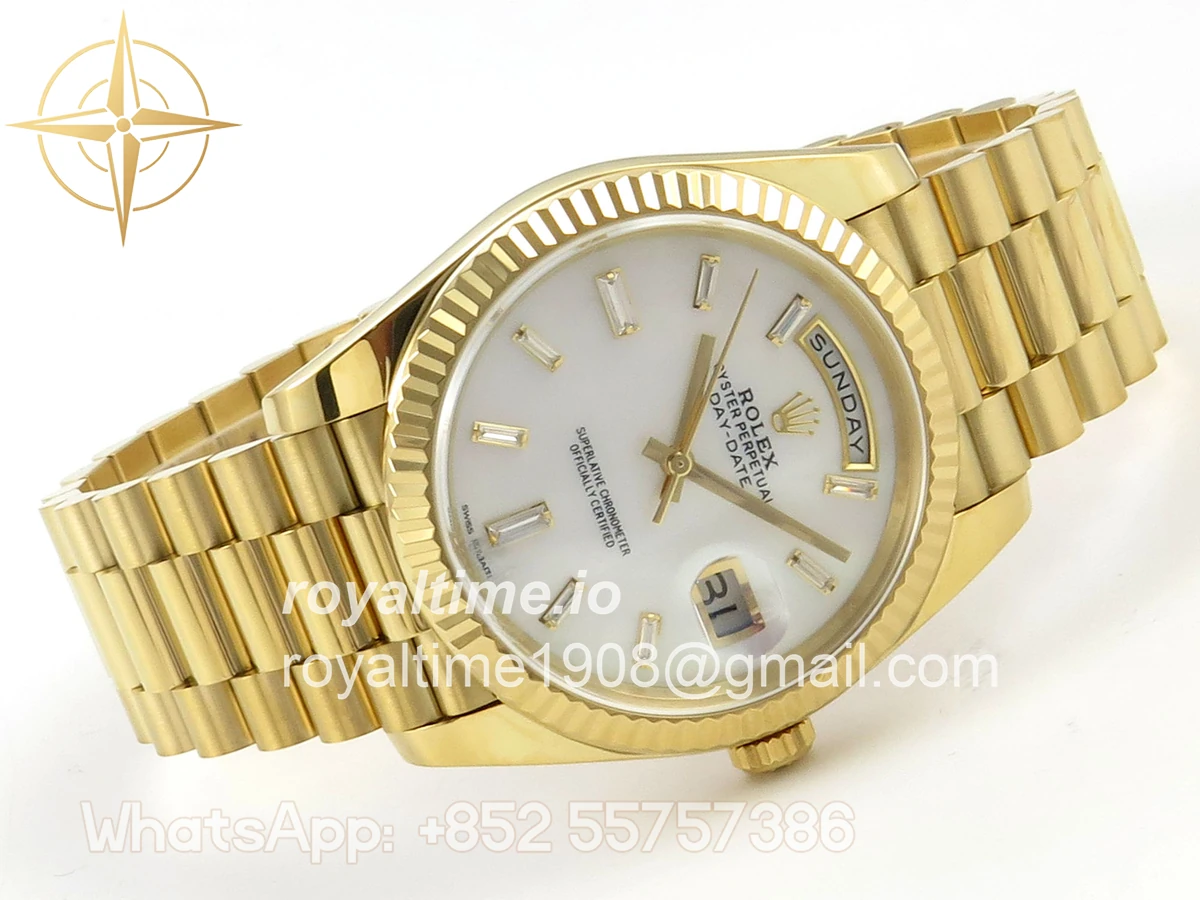 Rolex Day Date 40 YG TMF White MOP Diamonds Dial on President Bracelet VR3255 (Weighted) 208g - Image 7