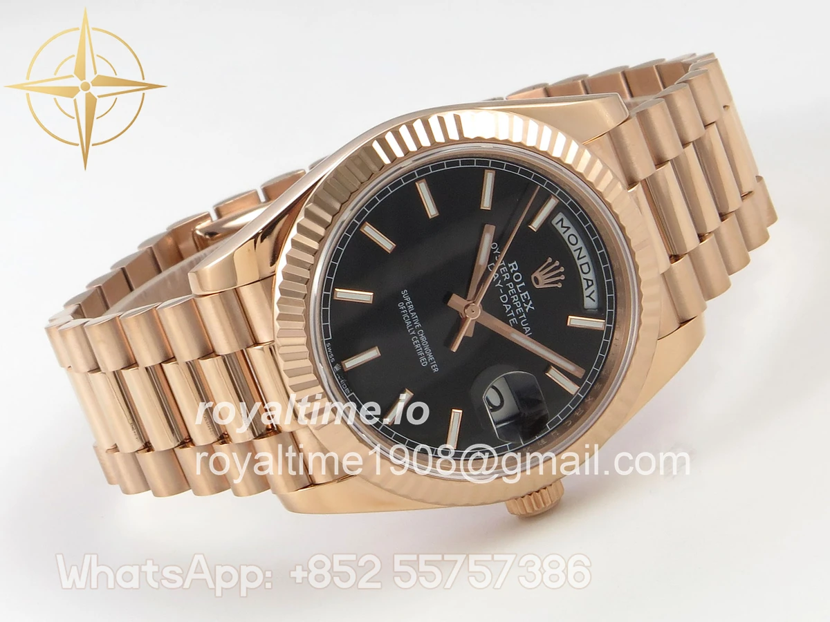 Rolex DayDate 40 RG QF 904L Steel Black Stick Dial on President Bracelet VR3255 V8 (Gain Weight) - Image 7