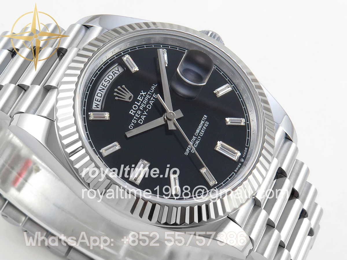 Rolex DayDate 40 SS QF 904L Steel Black Crystal Dial on President Bracelet VR3255 V8 (Gain Weight) - Image 7