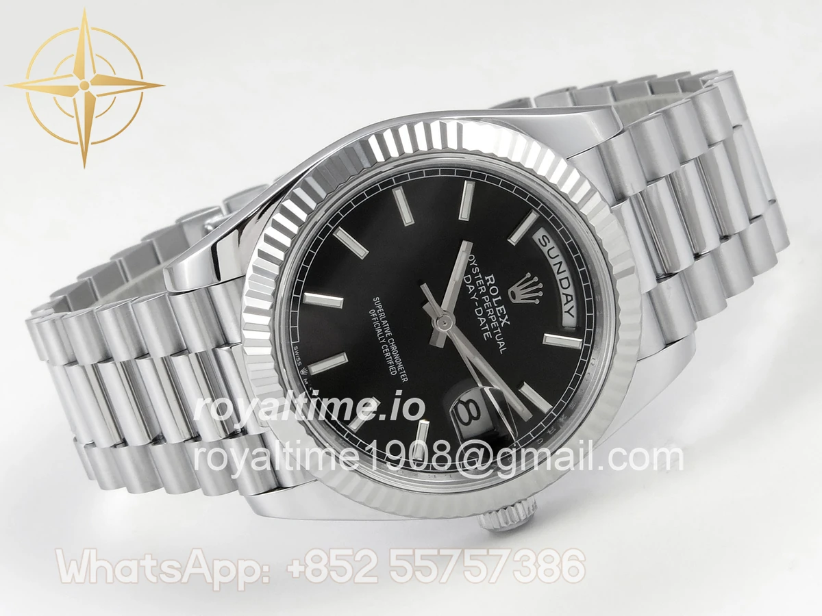 Rolex DayDate 40 SS QF 904L Steel Black Stick Dial on President Bracelet VR3255 V8 (Gain Weight) - Image 7