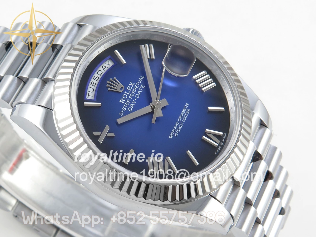 Rolex DayDate 40 SS QF 904L Steel Blue Ombre Roman Dial on President Bracelet VR3255 V8 (Gain Weight) - Image 7