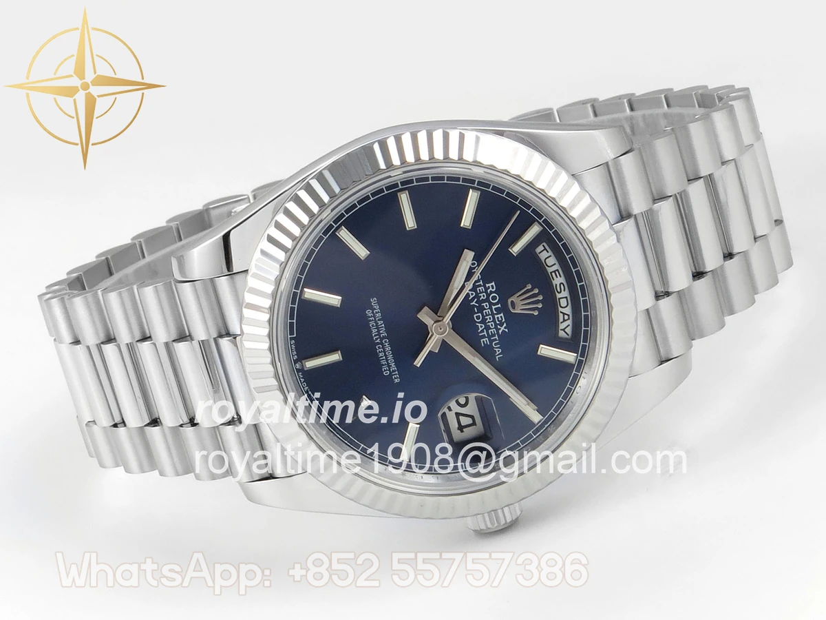 Rolex DayDate 40 SS QF 904L Steel Blue Stick Dial on President Bracelet VR3255 V8 (Gain Weight) - Image 7