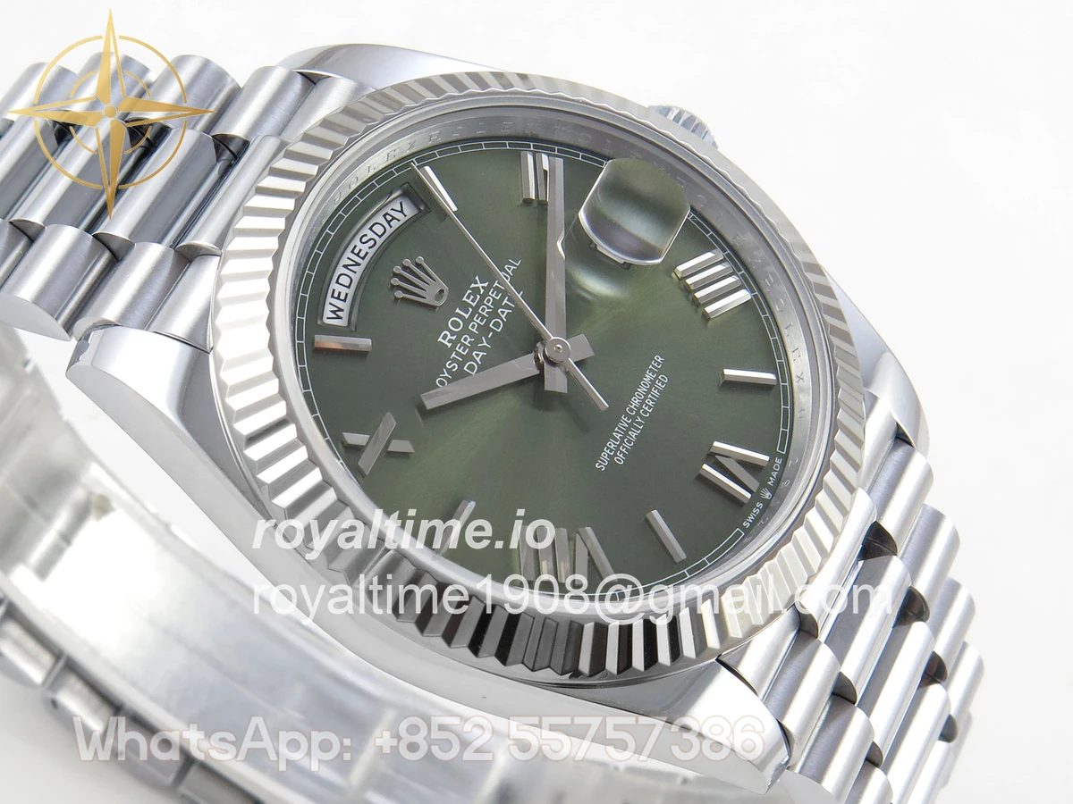 Rolex DayDate 40 SS QF 904L Steel Green Roman Dial on President Bracelet VR3255 V8 (Gain Weight) - Image 7