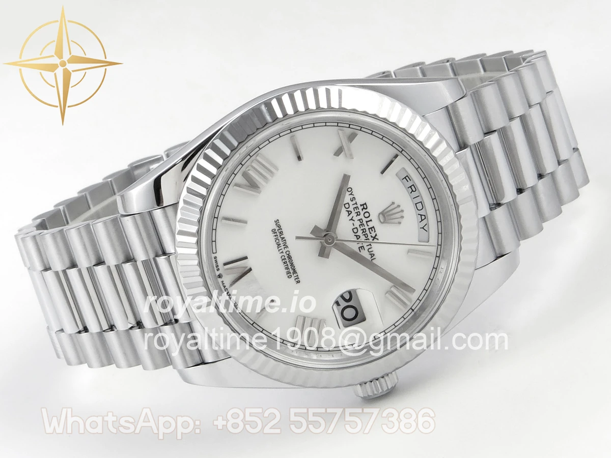 Rolex DayDate 40 SS QF 904L Steel White Roman Dial on President Bracelet VR3255 V8 (Gain Weight) - Image 7
