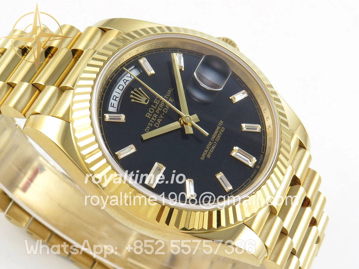Rolex DayDate 40 YG QF 904L Steel Black Crystal Dial on President Bracelet VR3255 V8 (Gain Weight) - Image 7