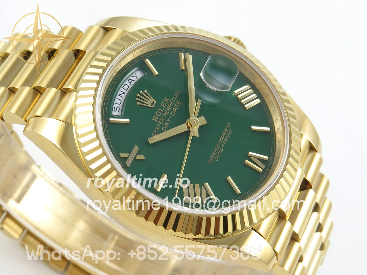 Rolex DayDate 40 YG QF 904L Steel Green Roman Dial on President Bracelet VR3255 V8 (Gain Weight) - Image 7