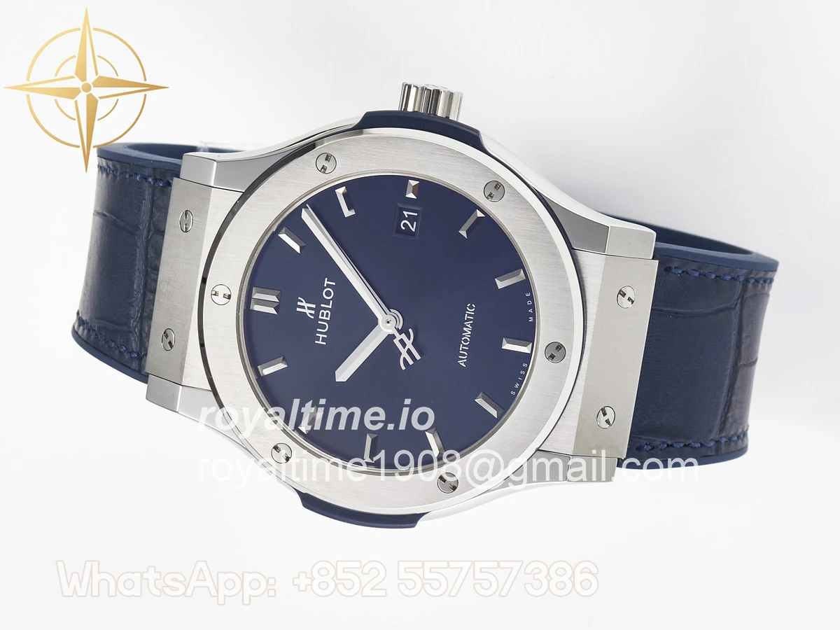 Hublot Classic Fusion 42mm SS JJF Blue Dial on Blue Gummy Leather Strap - Image 7