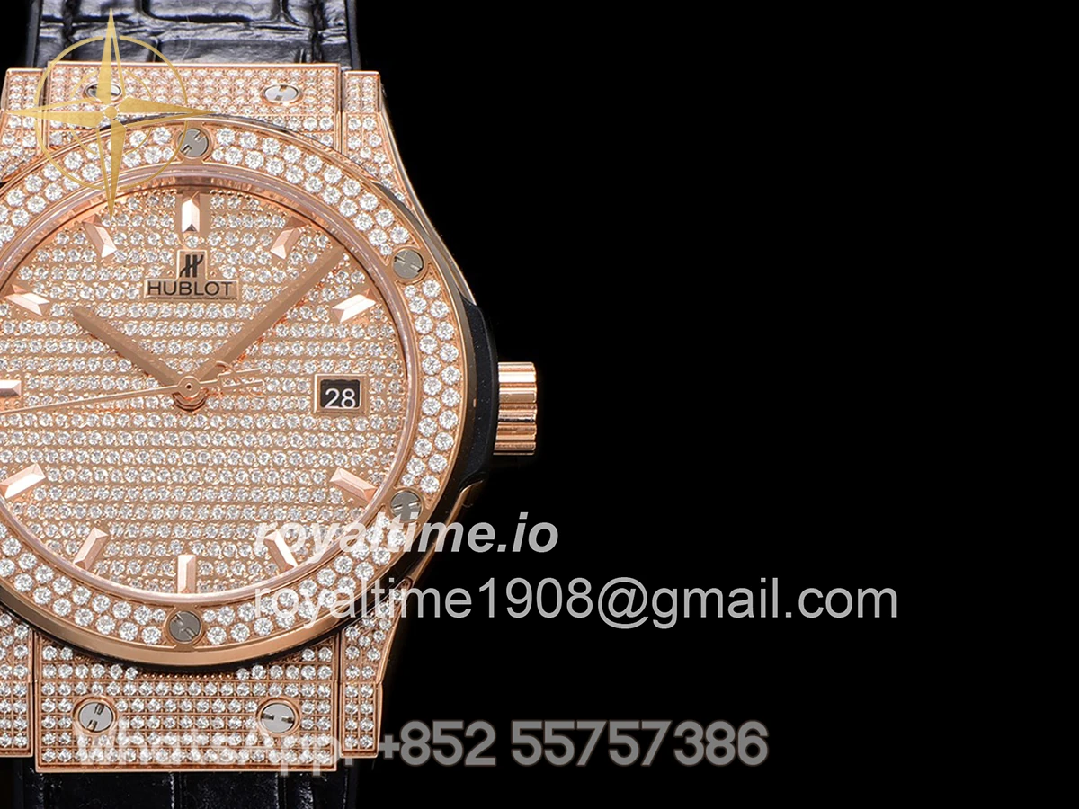 Hublot Classic Fusion Automatic 42mm Diamond Paved Dial in Rose Gold on Black Leather Strap - Image 7