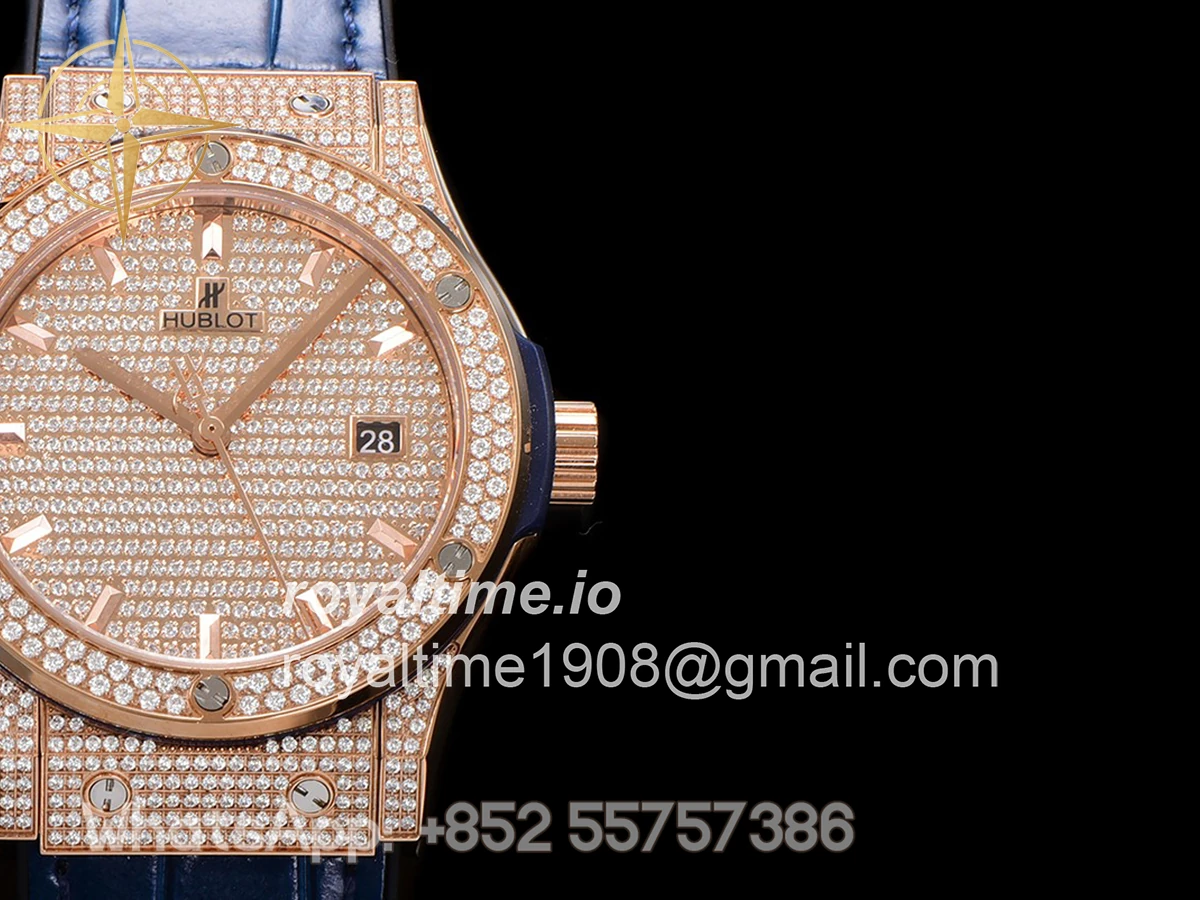 Hublot Classic Fusion Automatic 42mm Diamond Paved Dial in Rose Gold on Blue Leather Strap - Image 7