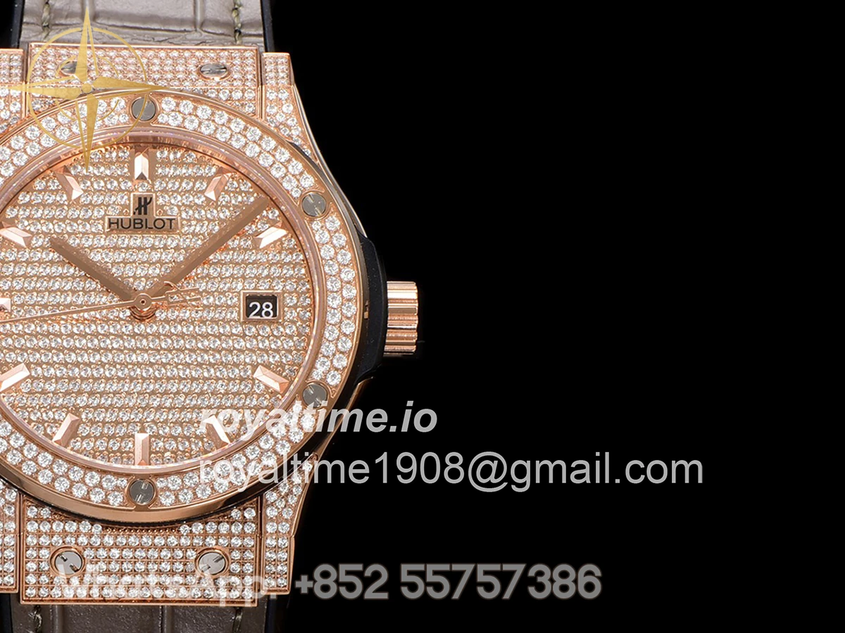 Hublot Classic Fusion Automatic 42mm Diamond Paved Dial in Rose Gold on Brown Leather Strap - Image 7