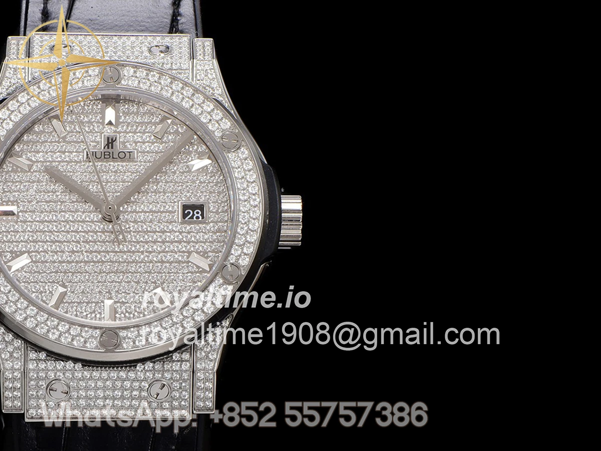 Hublot Classic Fusion Automatic 42mm Diamond Paved Dial in Steel on Black Leather Strap - Image 7